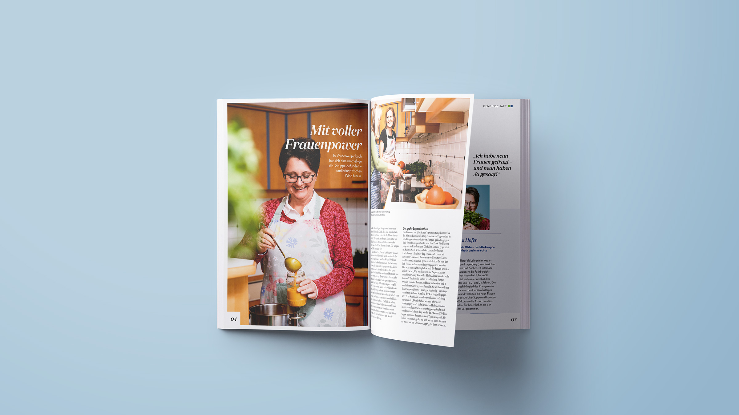 Titanweiss, Grafikstudio, Hanfthal, Weinviertel, Editorial Design, Kfb, Doppelseiten